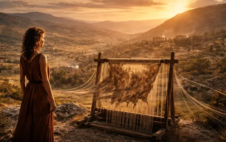 Arakne’nin Lidya topraklarında dokuma yaptığı ve Batı Anadolu manzarasına bakan sahne